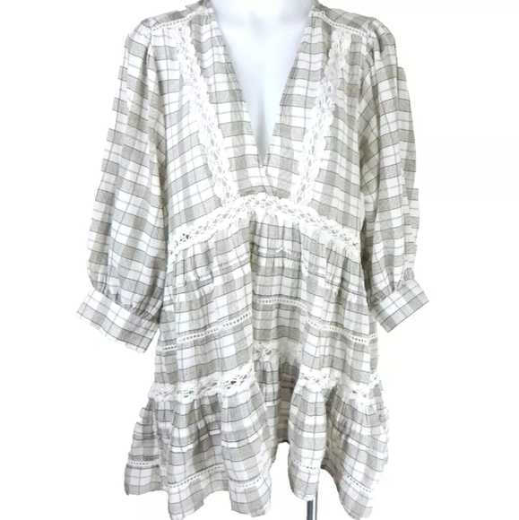 Free People Time Out Plaid Lace Trim Top - Picture 2 of 4